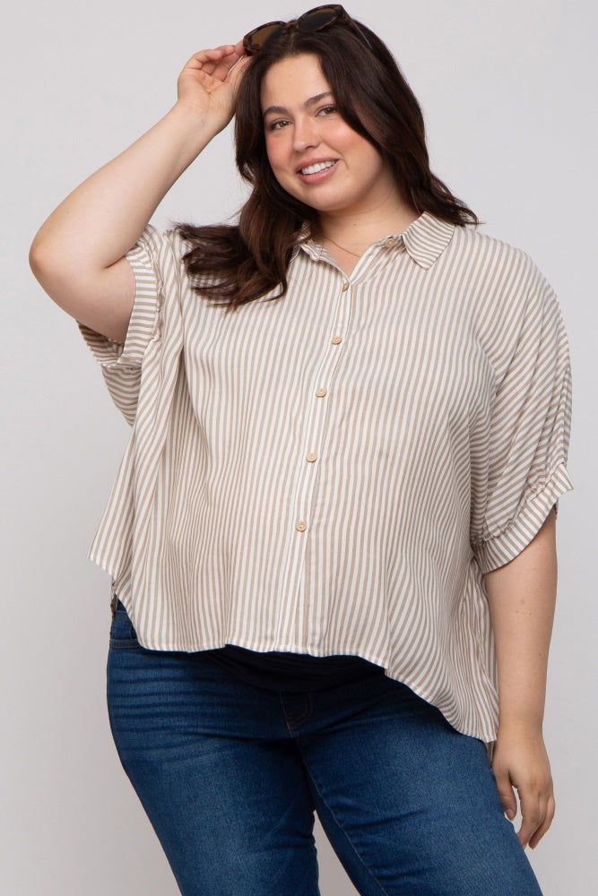 Taupe Striped Button Up Short Dolman Sleeve Maternity Plus Top