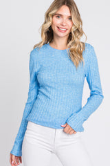 Blue Ribbed Long Sleeve Top