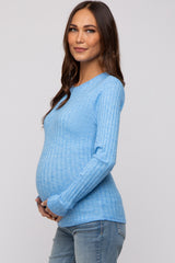 Blue Ribbed Long Sleeve Maternity Top