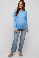 Blue Ribbed Long Sleeve Maternity Top
