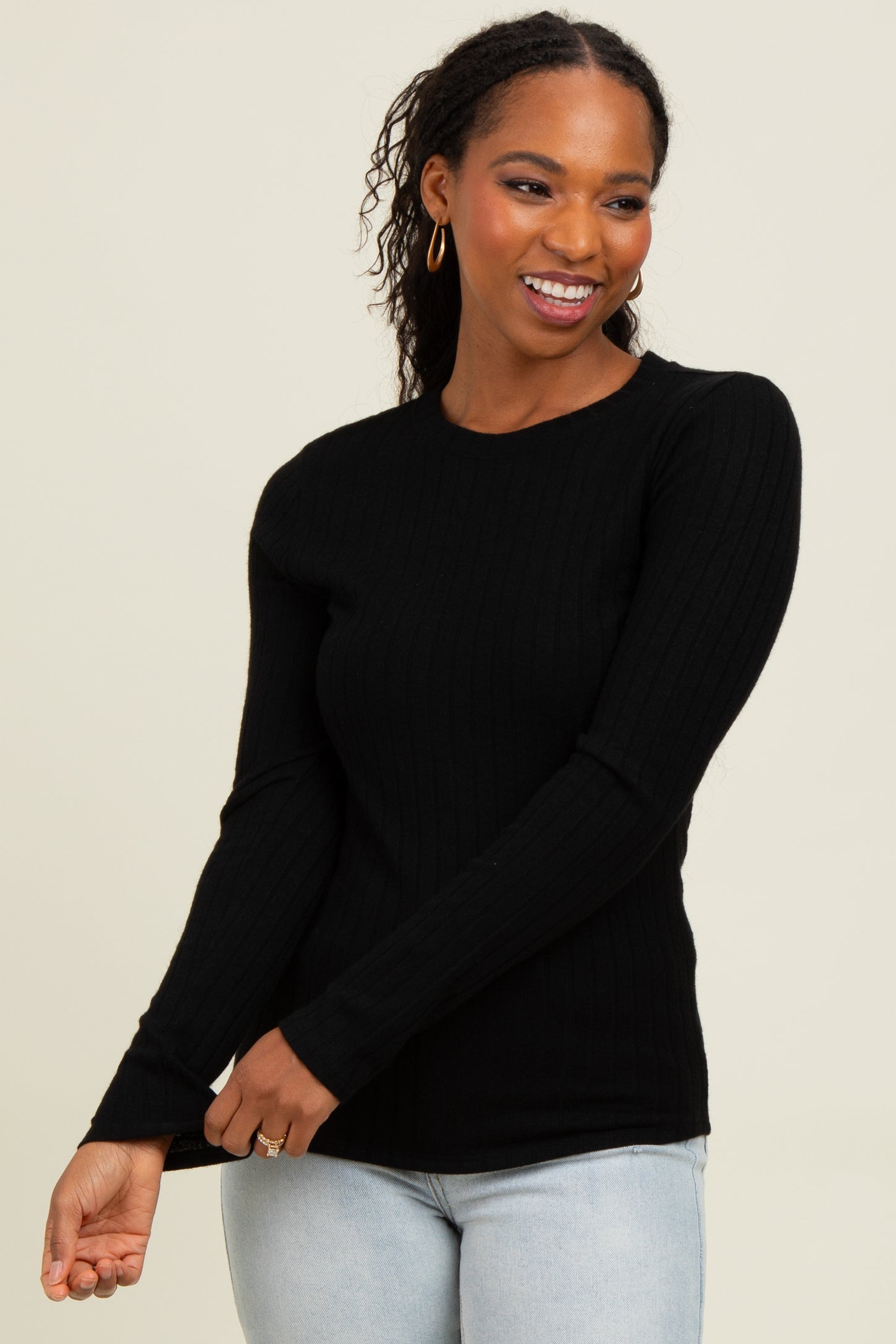 Black Ribbed Long Sleeve Top