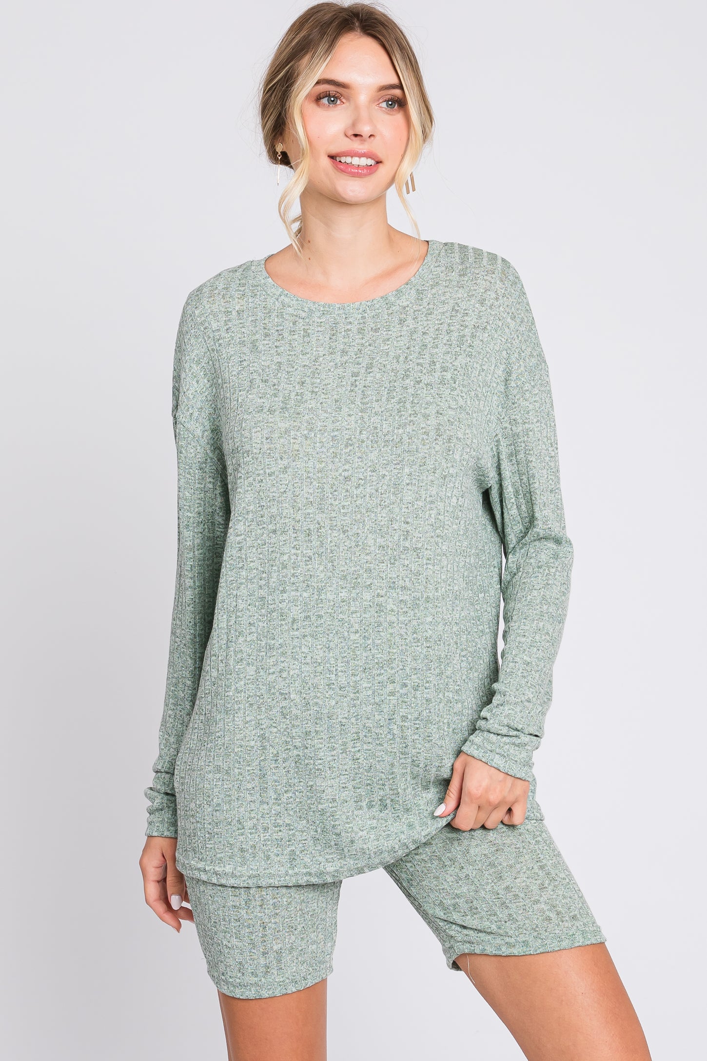 Green Ribbed Long Sleeve Shorts Set