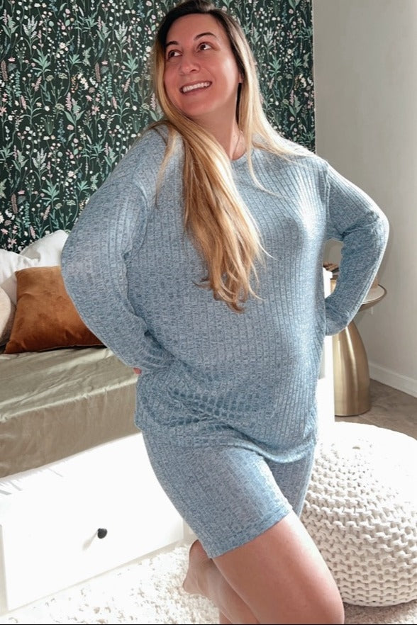 Blue Ribbed Long Sleeve Maternity Shorts Set