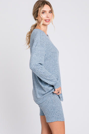 Blue Ribbed Long Sleeve Shorts Set