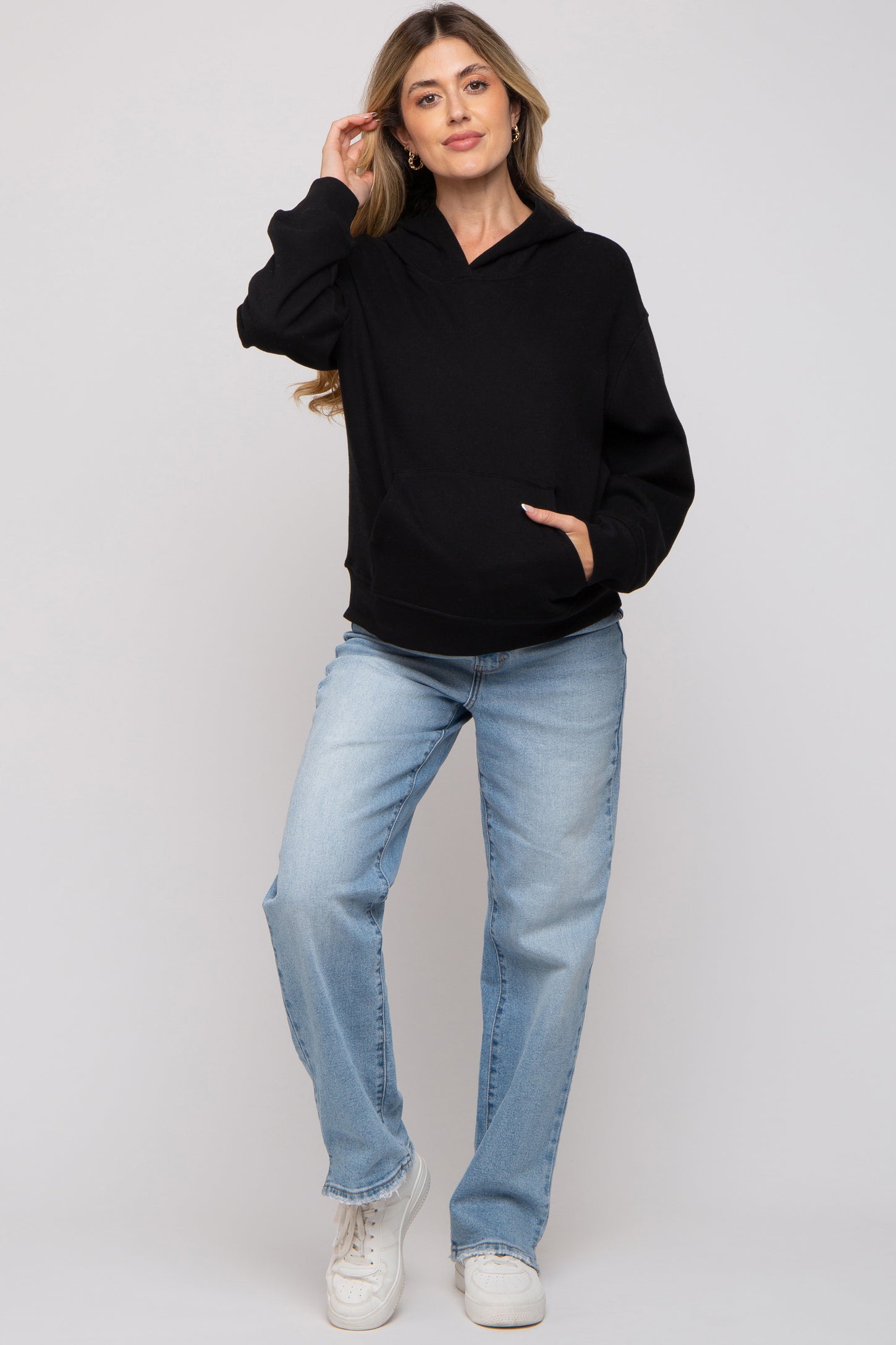 Black Front Pocket Hooded Fleece Maternity Sweatshirt