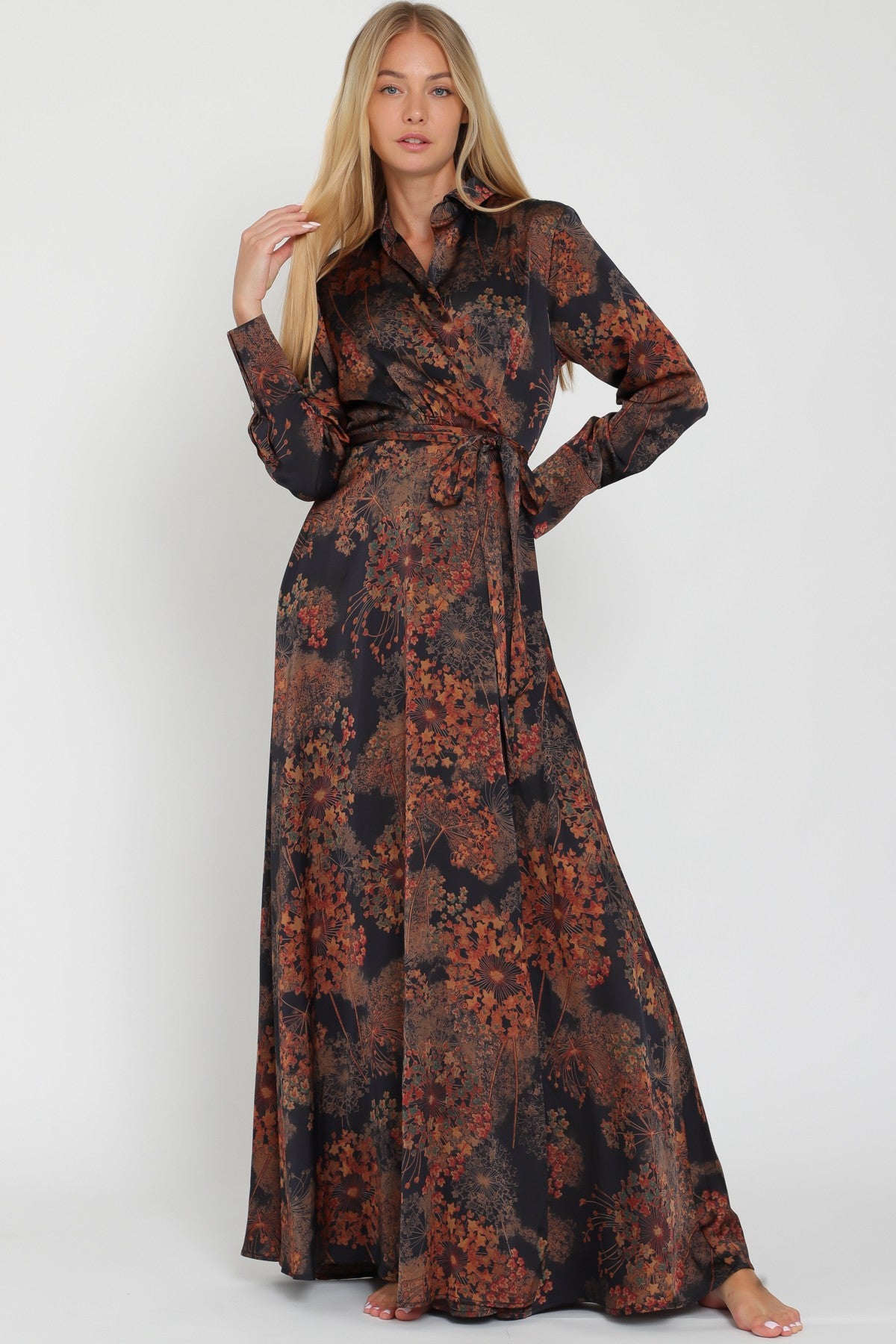 Black Long Sleeve Shirt Collar Wrap Maxi Dress – PinkBlush