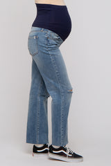Blue Distressed Knee Straight Maternity Jeans