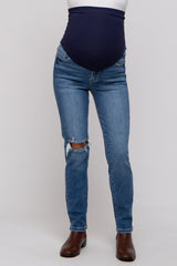 Blue Distressed Knee Skinny Maternity Jeans