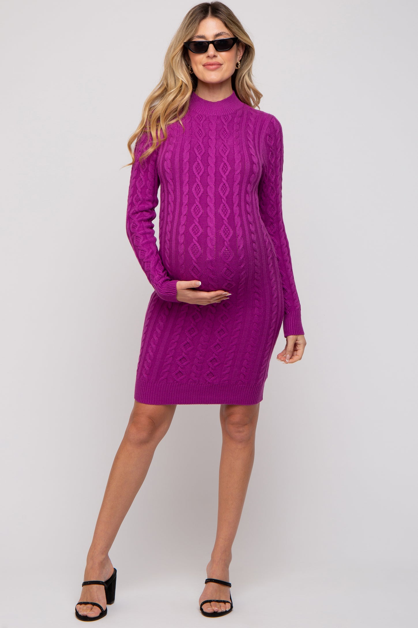 Magenta Cable Knit Mock Neck Long Sleeve Maternity Sweater Dress Magenta Cable Knit Mock Neck Long Sleeve Maternity Sweater Dress