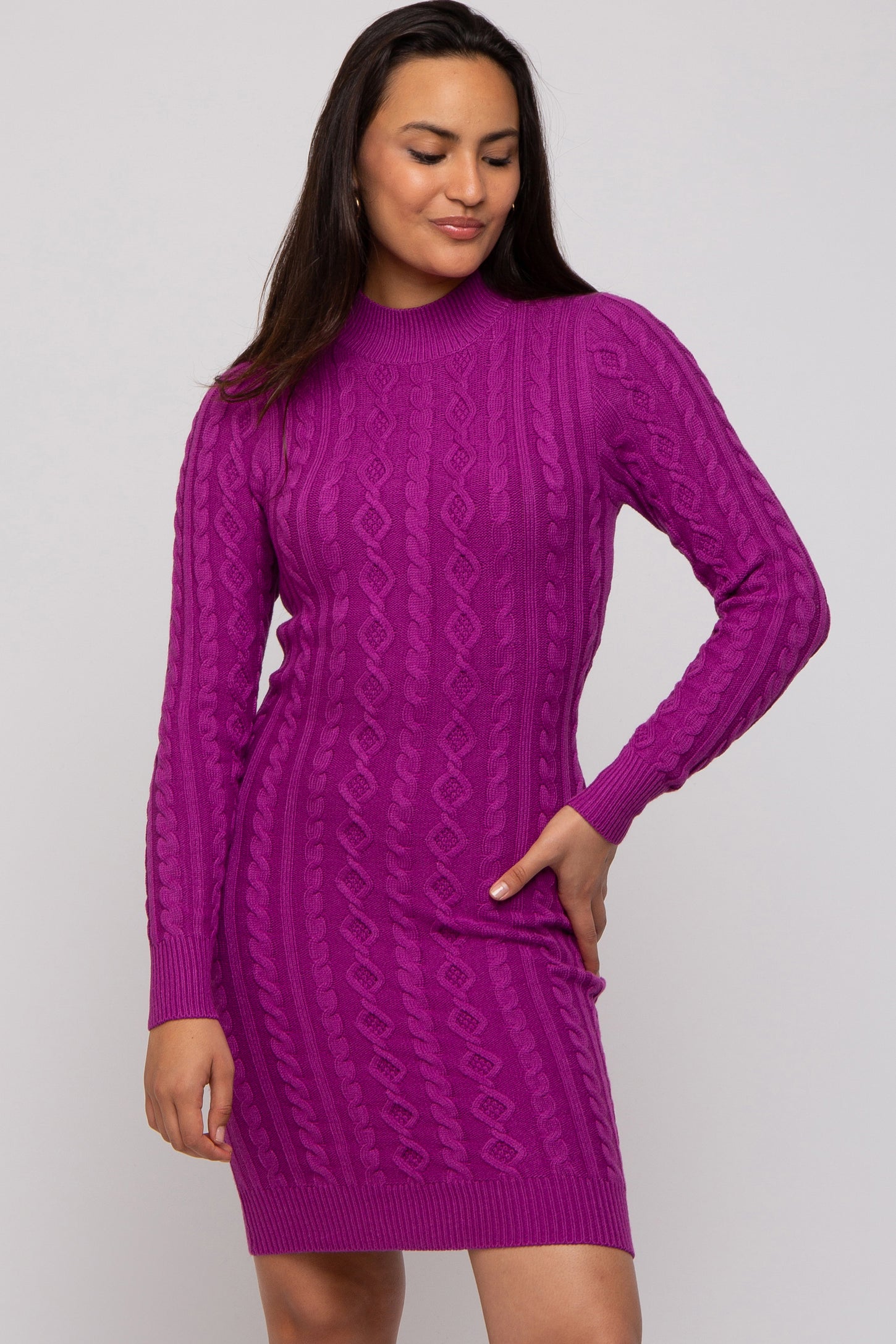 Magenta Cable Knit Mock Neck Long Sleeve Sweater Dress PinkBlush Magenta Cable Knit Mock Neck Long Sleeve Sweater Dress PinkBlush