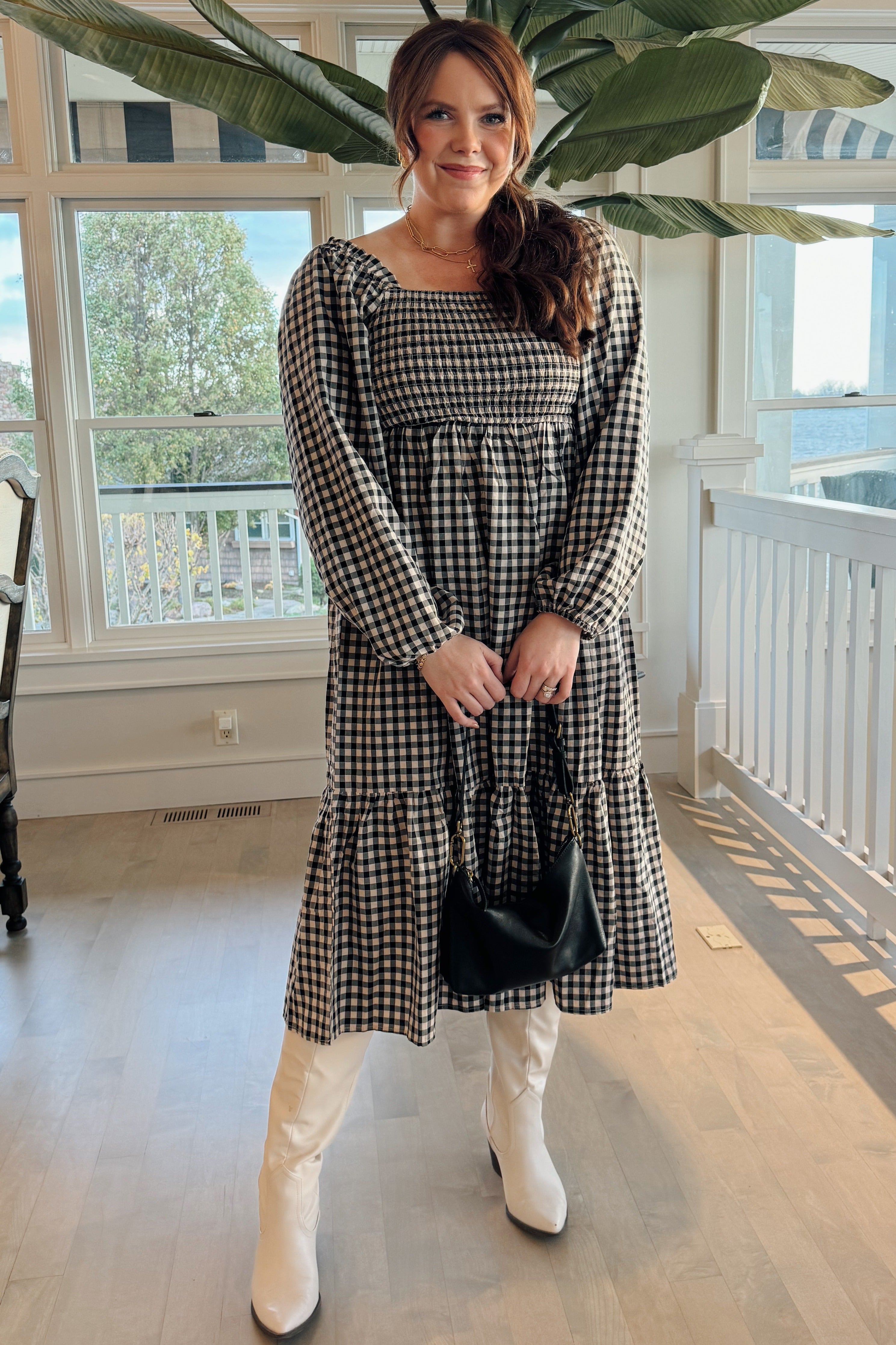 Black Gingham Long Sleeve Midi Dress – PinkBlush