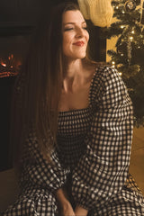 Black Gingham Long Sleeve Midi Dress