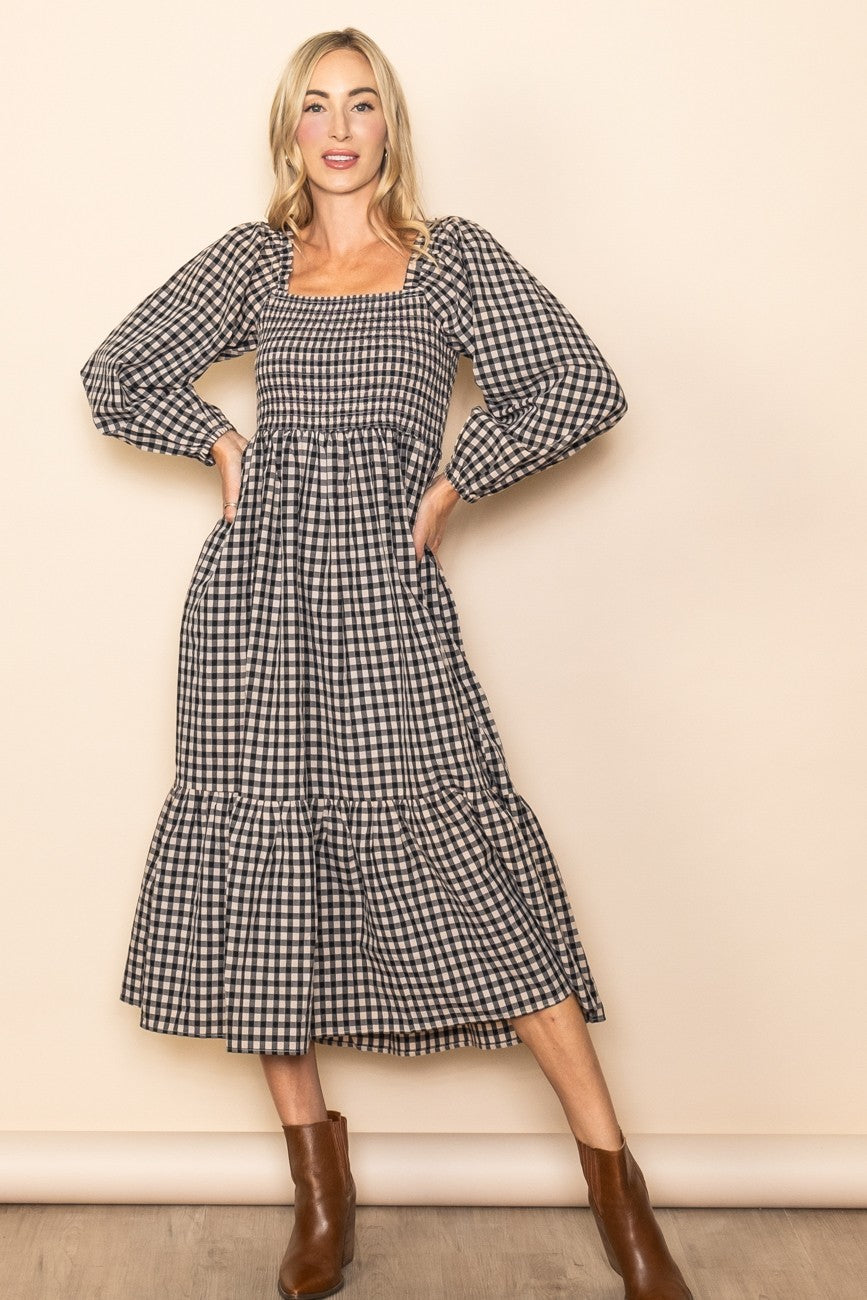 gingham long sleeve dress Black Midi Color:Ivory/Black/Black little boys Maxi Church Dress - Spandex 3.0%