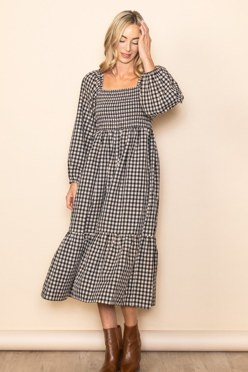 long sleeve midi dress plus size Black Gingham – PinkBlush Mommy and Me Holiday European-made dress Smocked Stretch Size:Custom Size Only