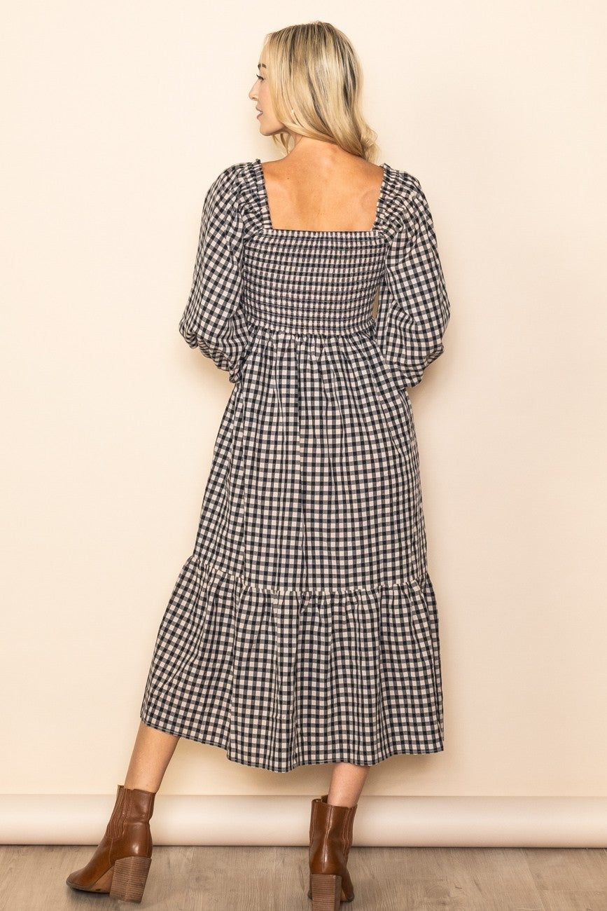 Black Gingham Long Sleeve Midi Dress – PinkBlush