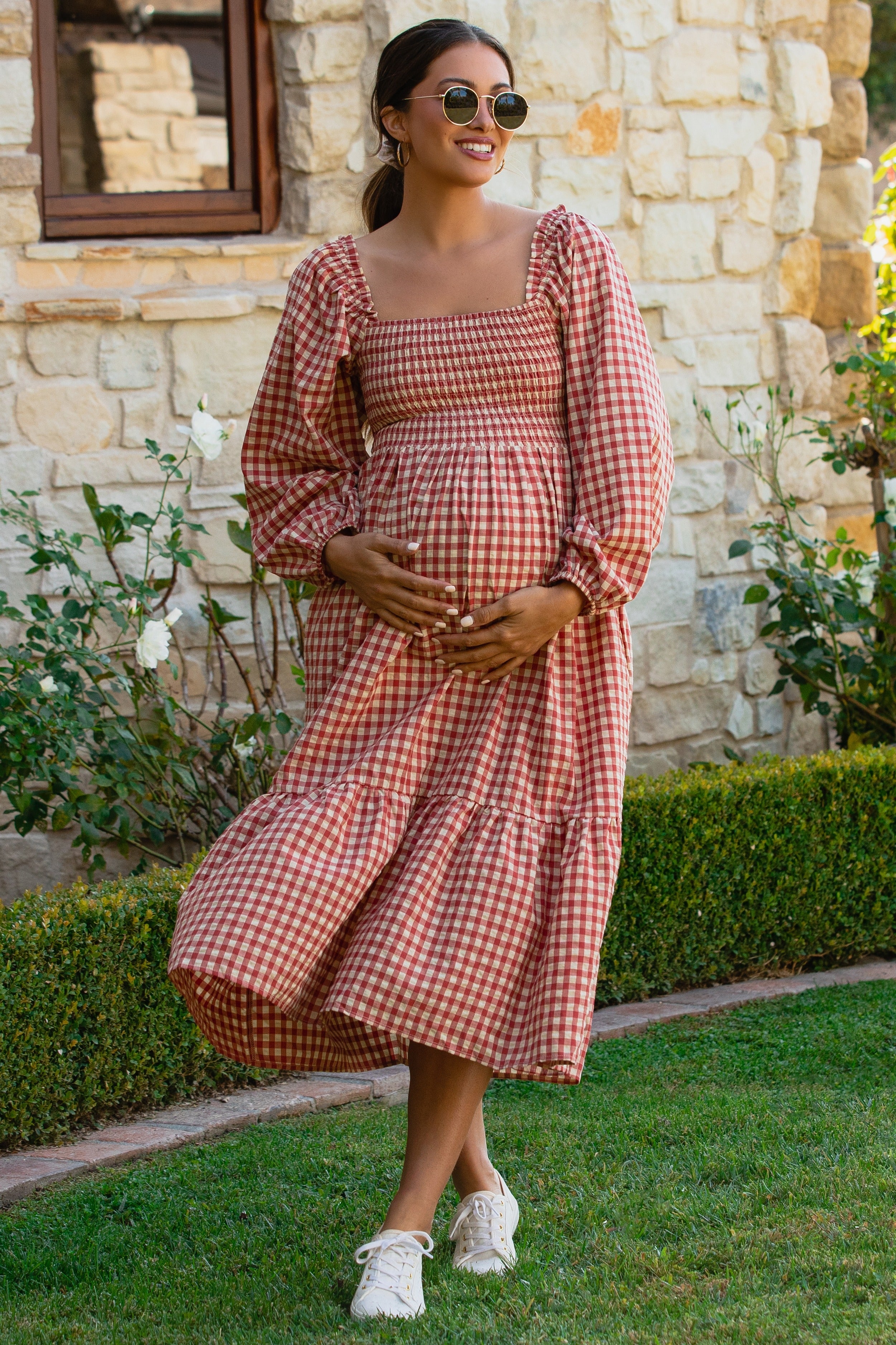 Rust Gingham Long Sleeve Maternity Midi Dress – PinkBlush