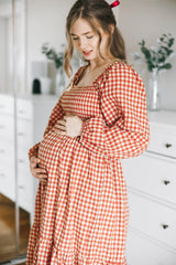 Rust Gingham Long Sleeve Maternity Midi Dress
