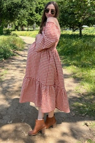 Rust Gingham Long Sleeve Maternity Midi Dress PinkBlush Rust Gingham Long Sleeve Maternity Midi Dress PinkBlush