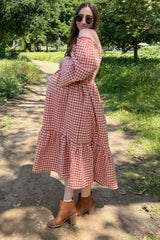 Rust Gingham Long Sleeve Maternity Midi Dress