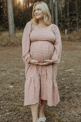 Rust Gingham Long Sleeve Maternity Midi Dress