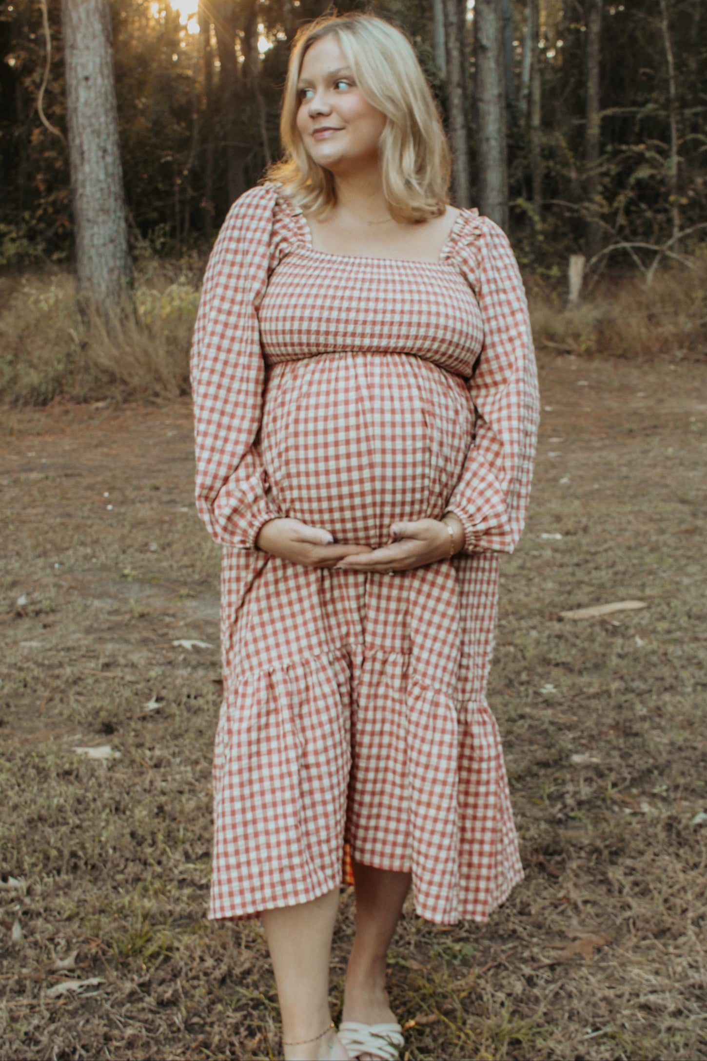 PinkBlush Rust Gingham Long Sleeve Maternity Midi Dress Small PinkBlush Rust Gingham Long Sleeve Maternity Midi Dress Small
