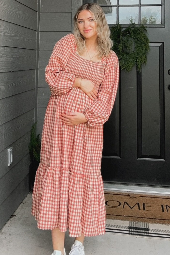 PinkBlush Rust Gingham Long Sleeve Maternity Midi Dress Small PinkBlush Rust Gingham Long Sleeve Maternity Midi Dress Small