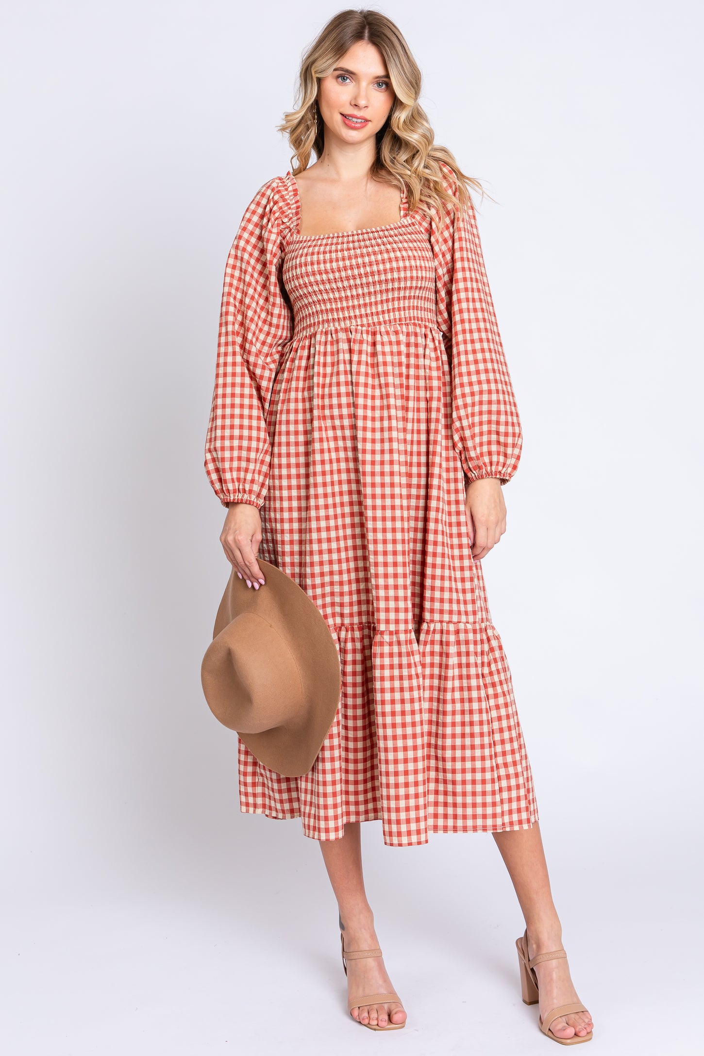 PinkBlush Rust Gingham Long Sleeve Maternity Midi Dress Small PinkBlush Rust Gingham Long Sleeve Maternity Midi Dress Small