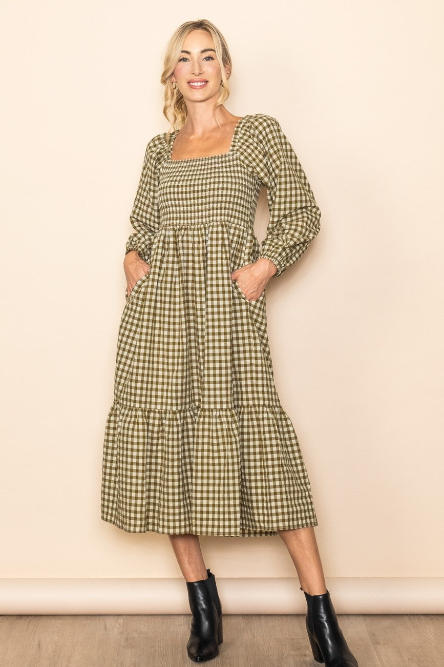 Pinkblush Olive Gingham Long Sleeve Maternity Midi Dress Small Pinkblush Olive Gingham Long Sleeve Maternity Midi Dress Small