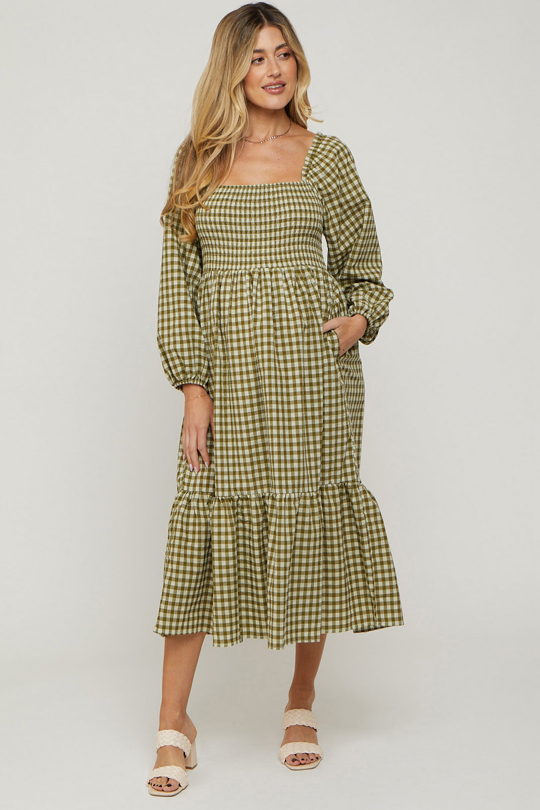 Pinkblush Olive Gingham Long Sleeve Maternity Midi Dress Small Pinkblush Olive Gingham Long Sleeve Maternity Midi Dress Small