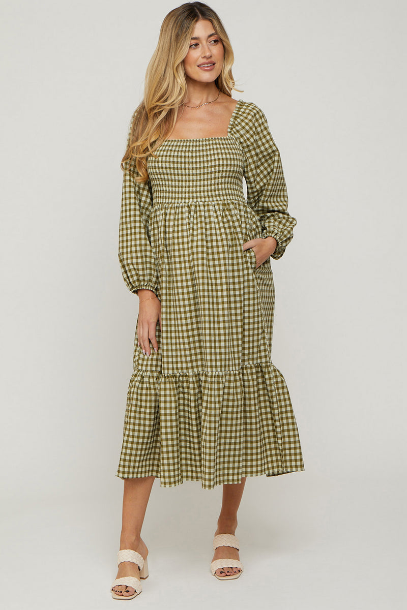Pinkblush Olive Gingham Long Sleeve Maternity Midi Dress Small