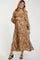 woman wearing a floral print brown maternity maxi dress and holding her baby bump