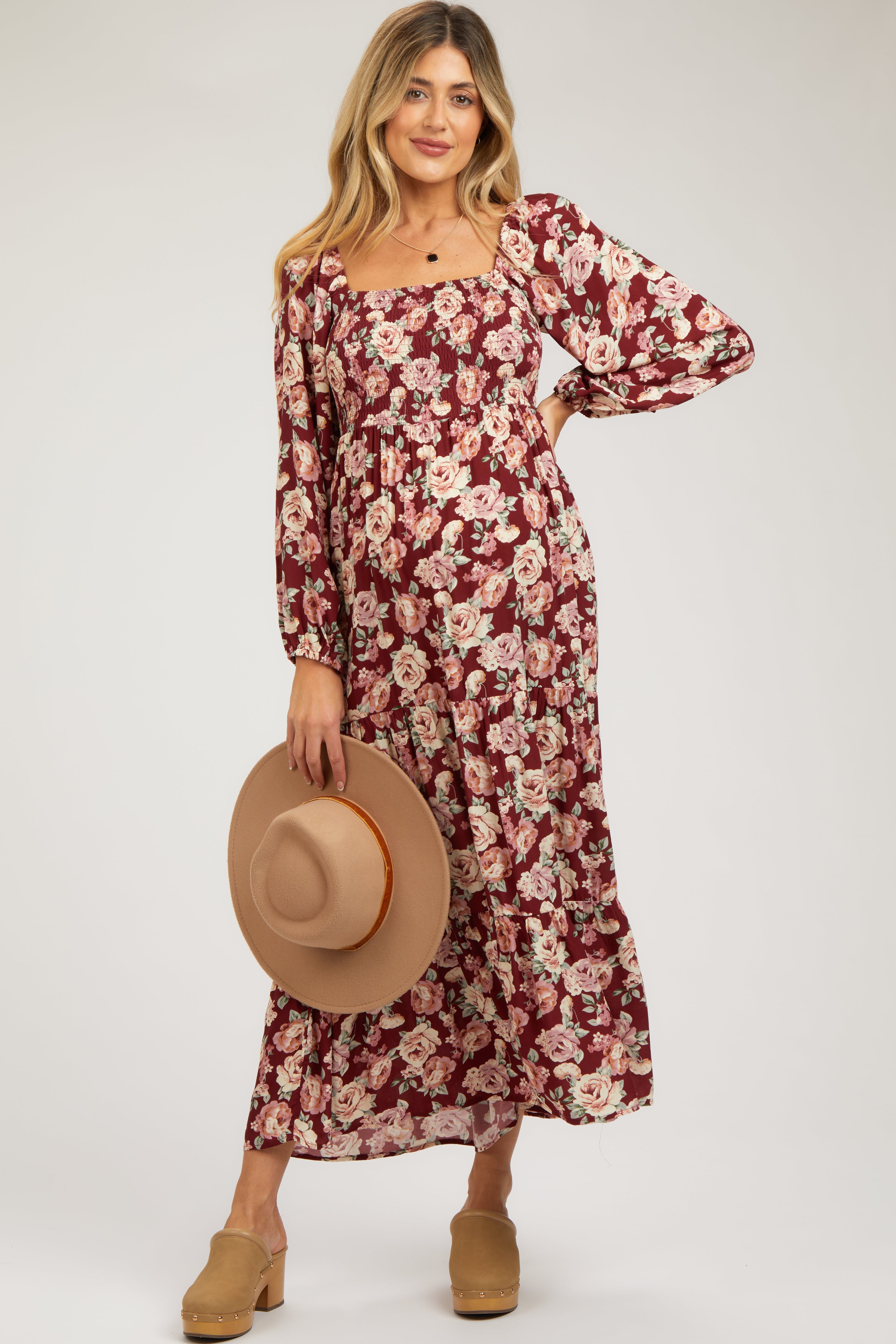Burgundy Floral Long Sleeve Maternity Maxi Dress PinkBlush Burgundy Floral Long Sleeve Maternity Maxi Dress PinkBlush