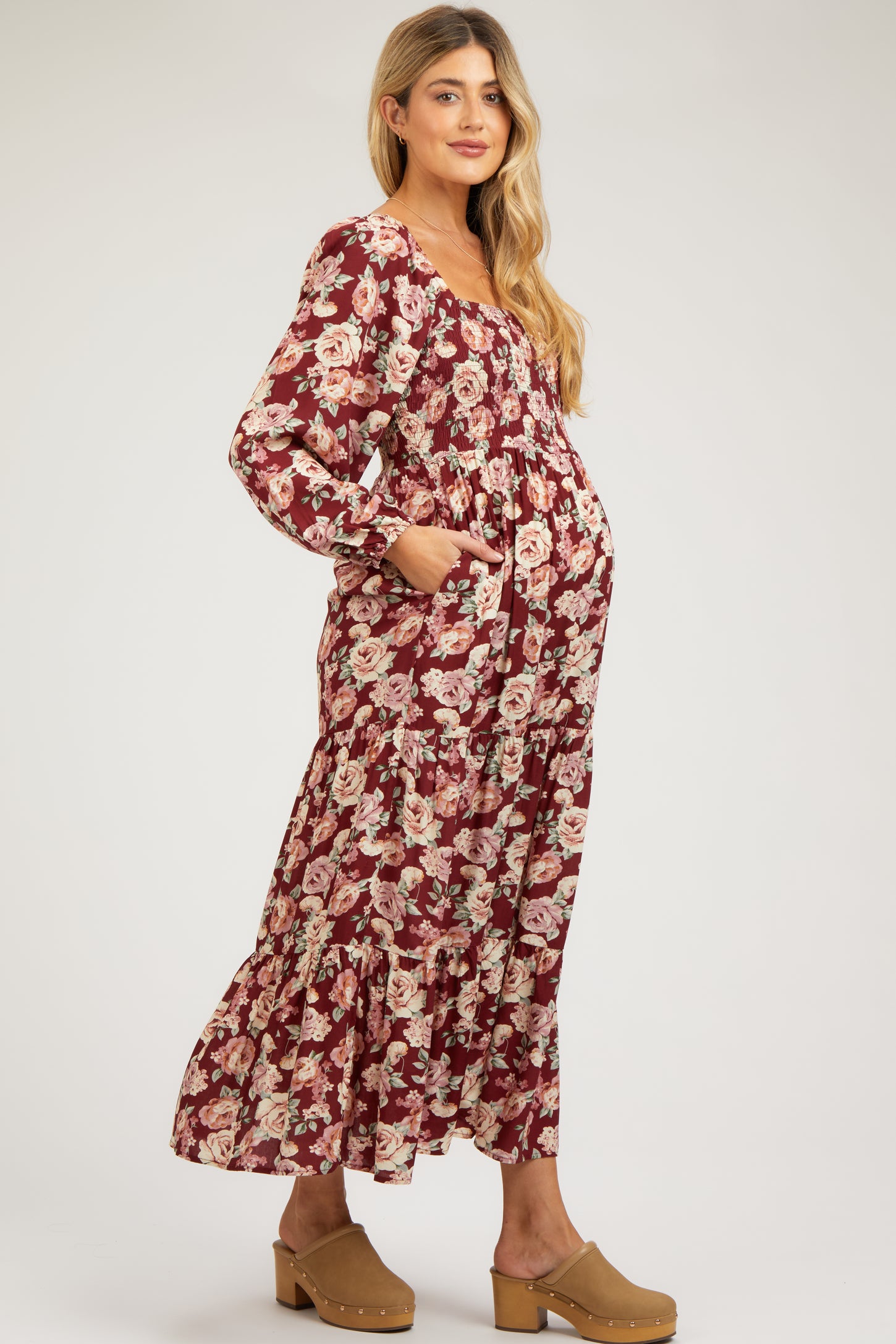 Burgundy Floral Long Sleeve Maternity Maxi Dress Burgundy Floral Long Sleeve Maternity Maxi Dress
