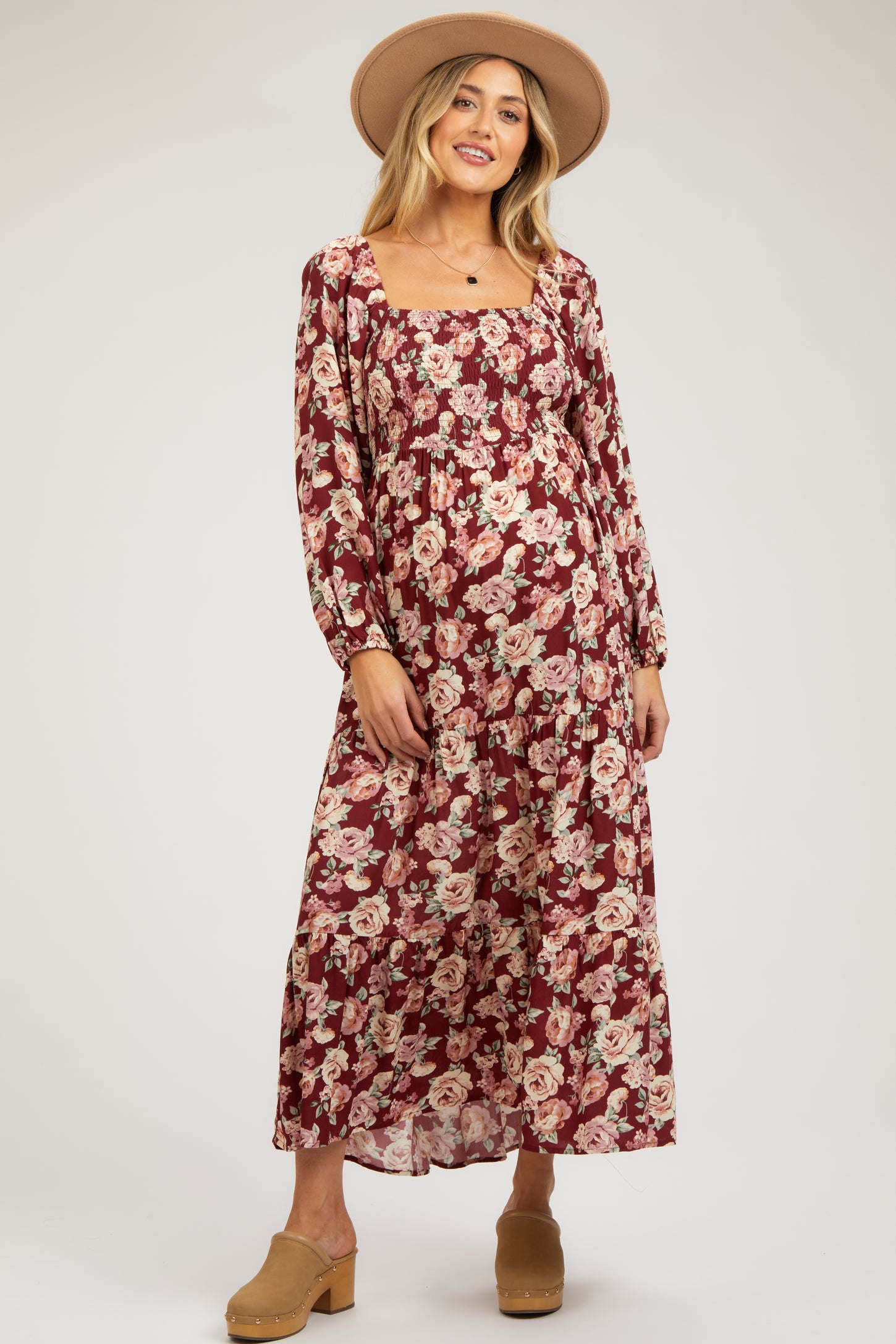 Burgundy Floral Long Sleeve Maternity Maxi Dress Burgundy Floral Long Sleeve Maternity Maxi Dress