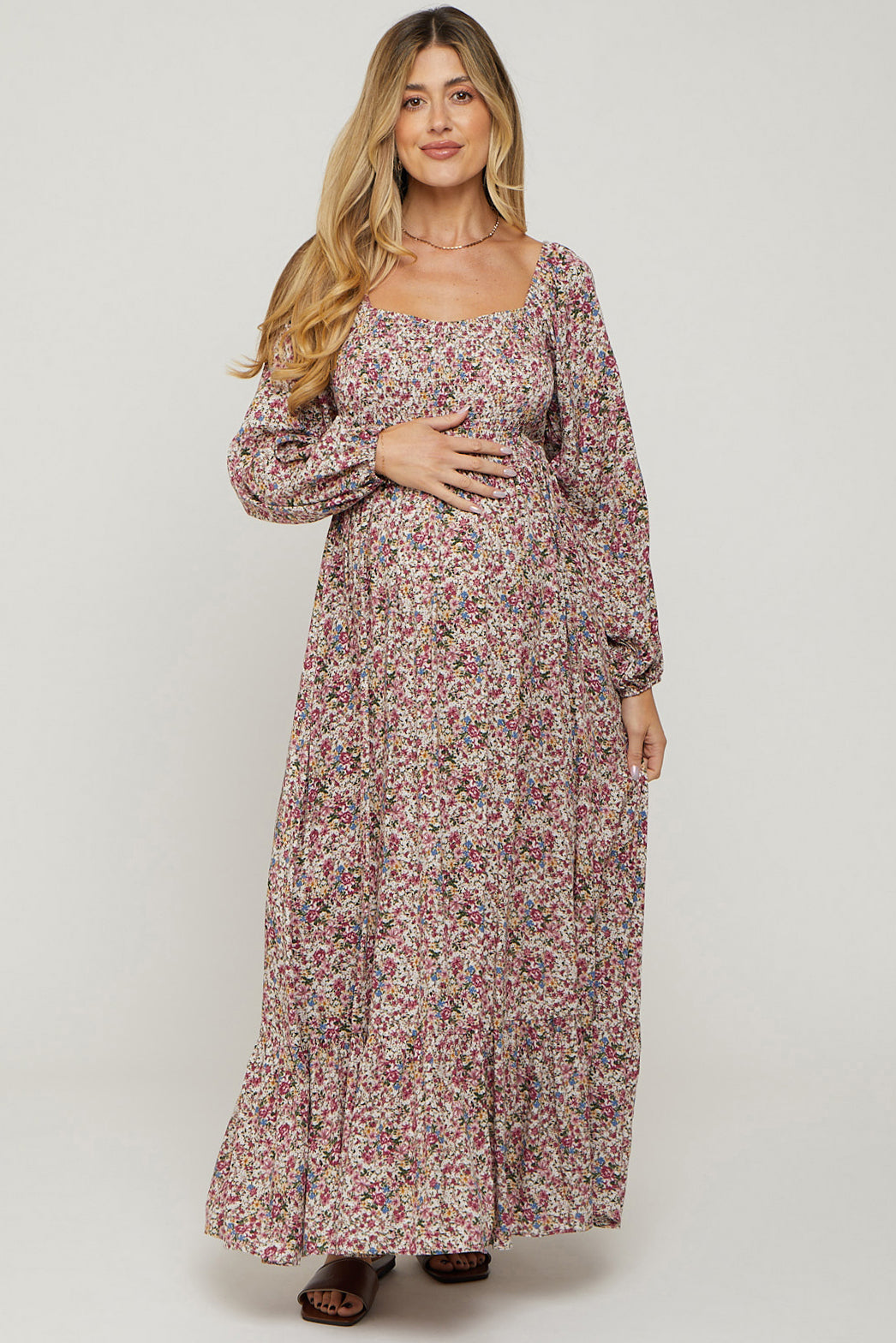 Mauve Floral Long Sleeve Maternity Maxi Dress PinkBlush Mauve Floral Long Sleeve Maternity Maxi Dress PinkBlush
