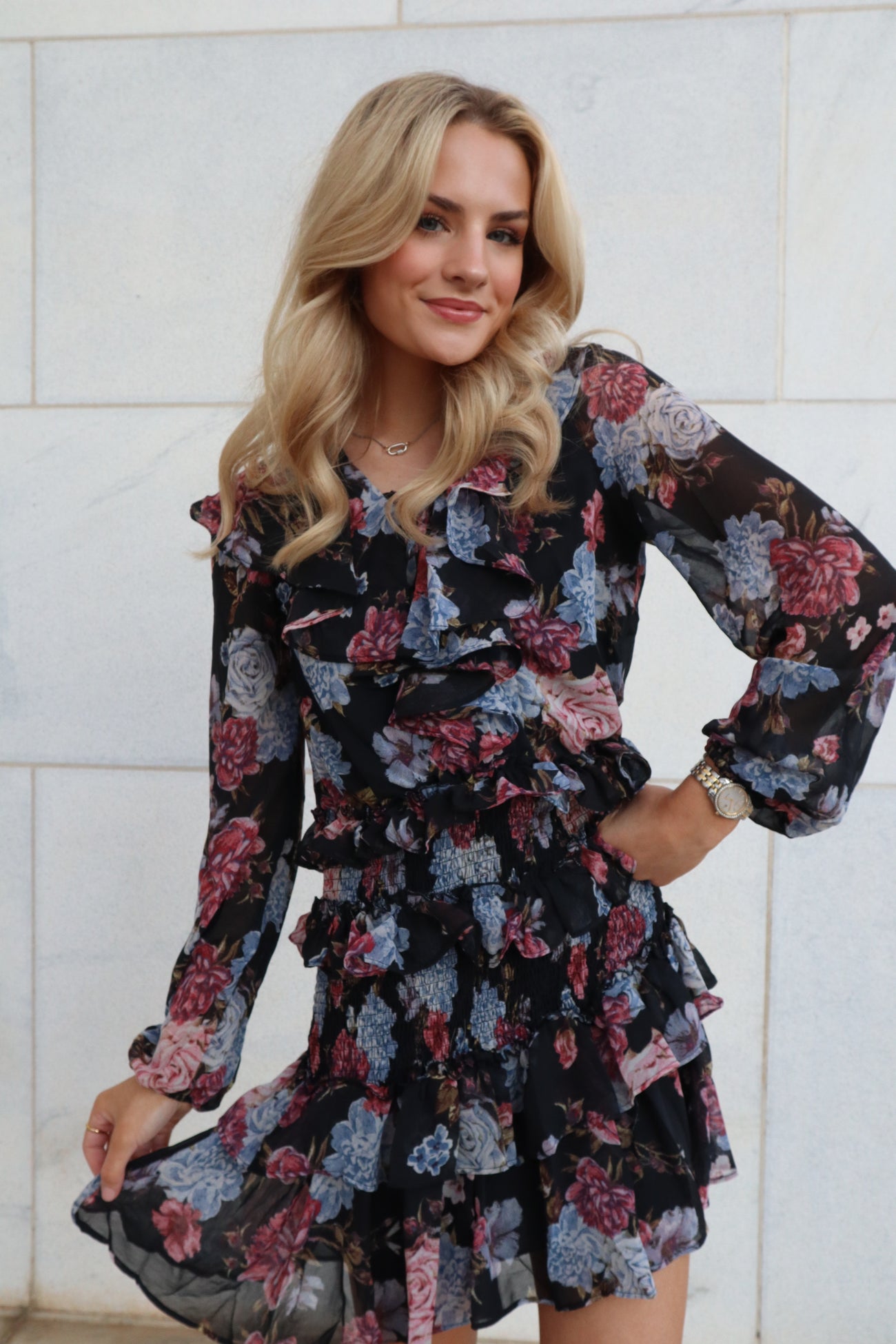 floral ruffle long sleeve dress Long Sleeve Ruffle Floral A Line Dress Ivory