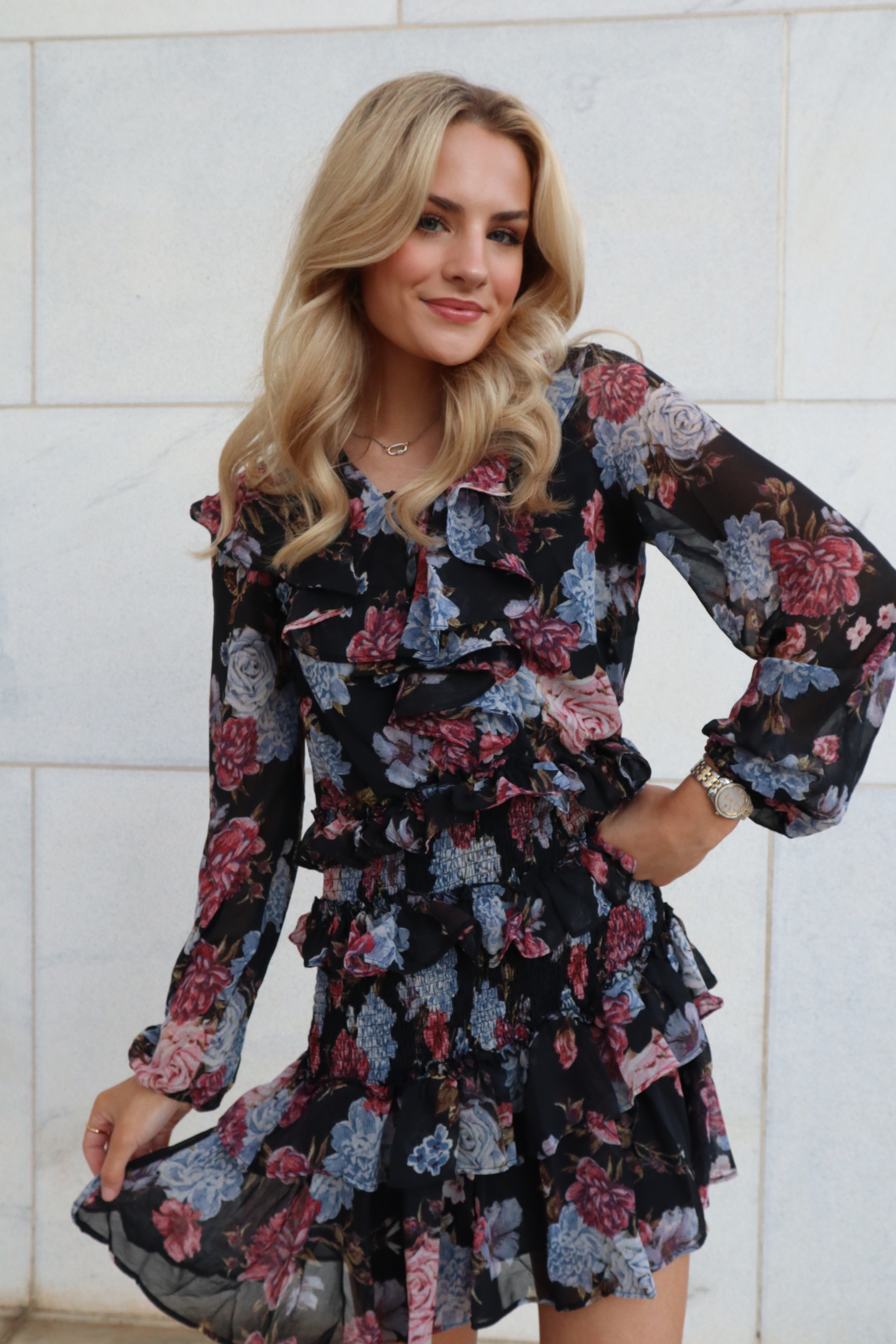 long sleeve floral ruffle dress Black Floral Long Sleeve Ruffle Dress