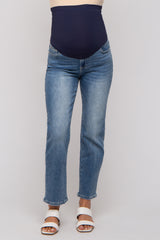 woman wearing a maternity pair of blue straight leg jeans with a navy blue over-the-bump waistband