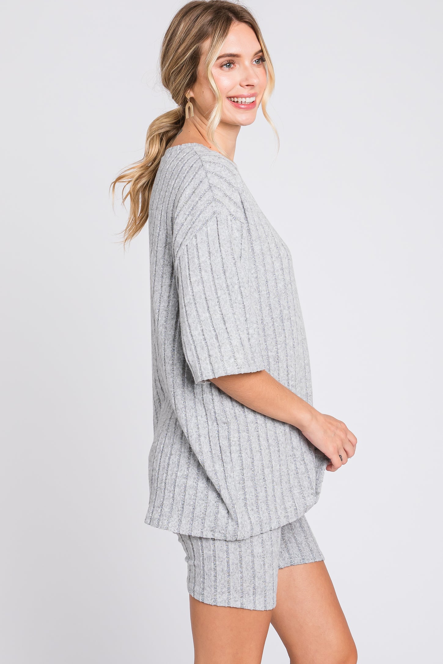 Heather Grey Ribbed Soft Short Sleeve Shorts Set