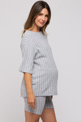 Heather Grey Ribbed Soft Short Sleeve Maternity Shorts Set