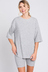 Heather Grey Ribbed Soft Short Sleeve Shorts Set
