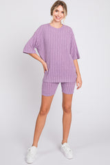 Purple Ribbed Soft Short Sleeve Shorts Set