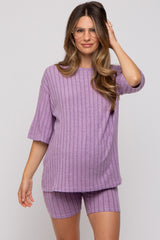 Purple Ribbed Soft Short Sleeve Maternity Shorts Set