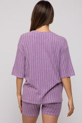 Purple Ribbed Soft Short Sleeve Maternity Shorts Set