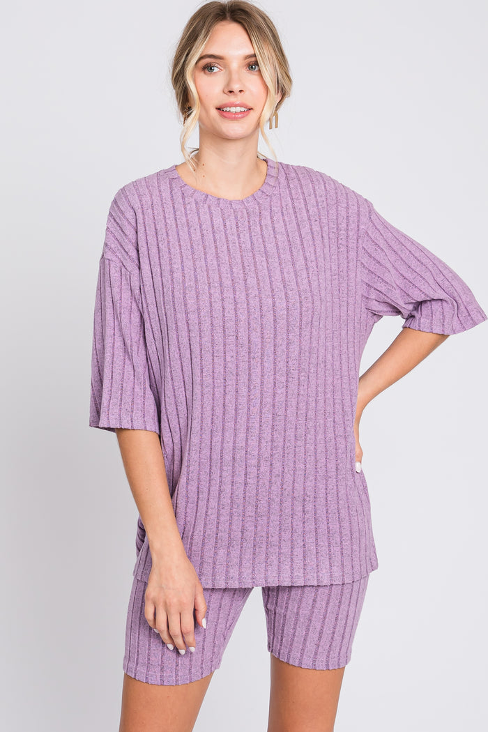 Purple Ribbed Soft Short Sleeve Maternity Shorts Set