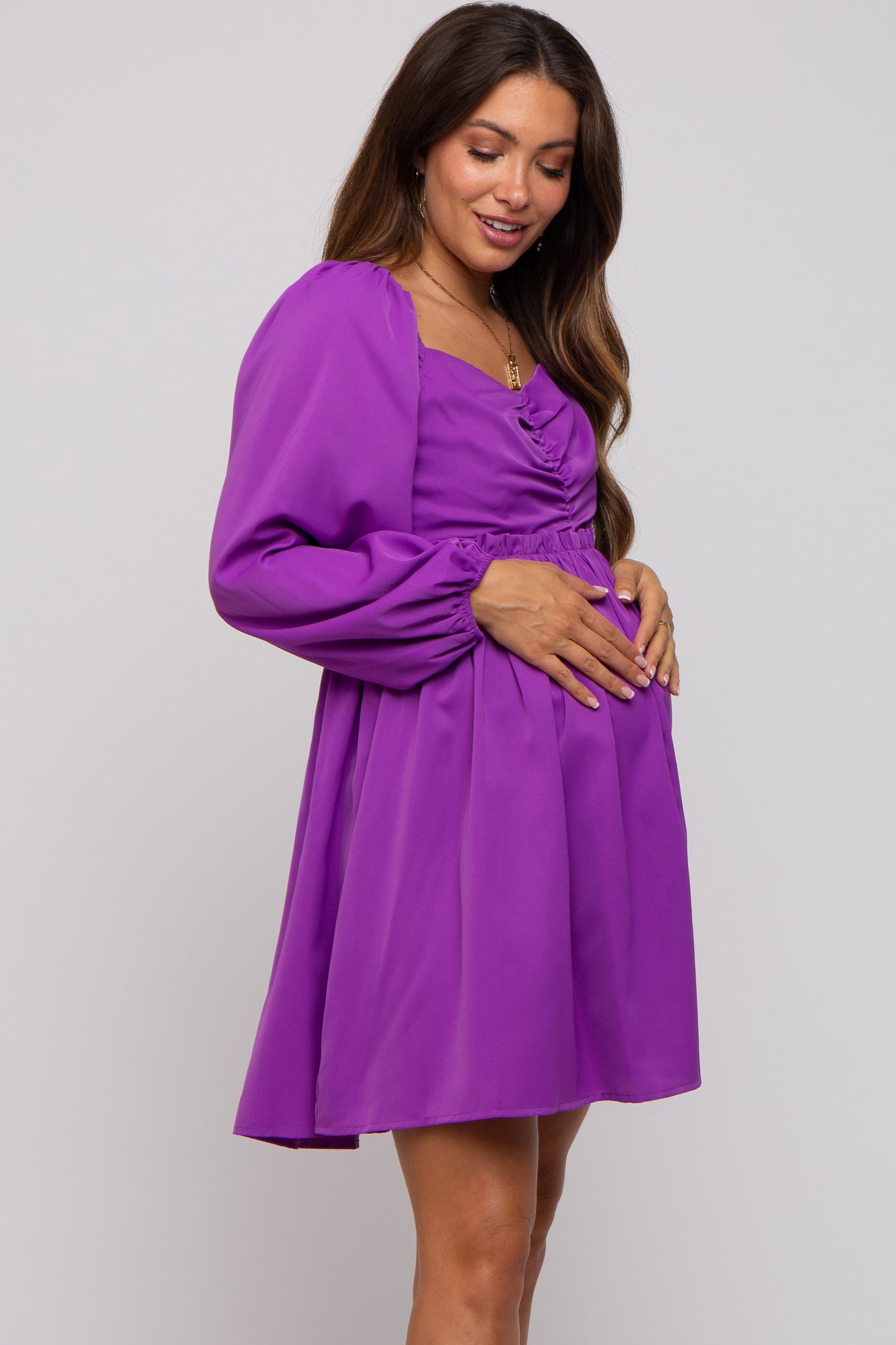 Purple Gathered Waist Long Sleeve Maternity Dress Purple Gathered Waist Long Sleeve Maternity Dress