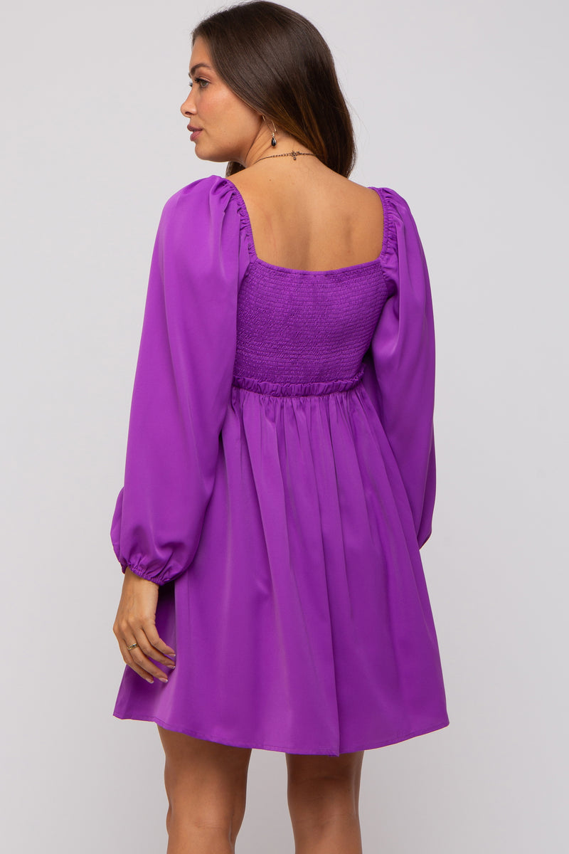 Purple Gathered Waist Long Sleeve Maternity Dress Purple Gathered Waist Long Sleeve Maternity Dress