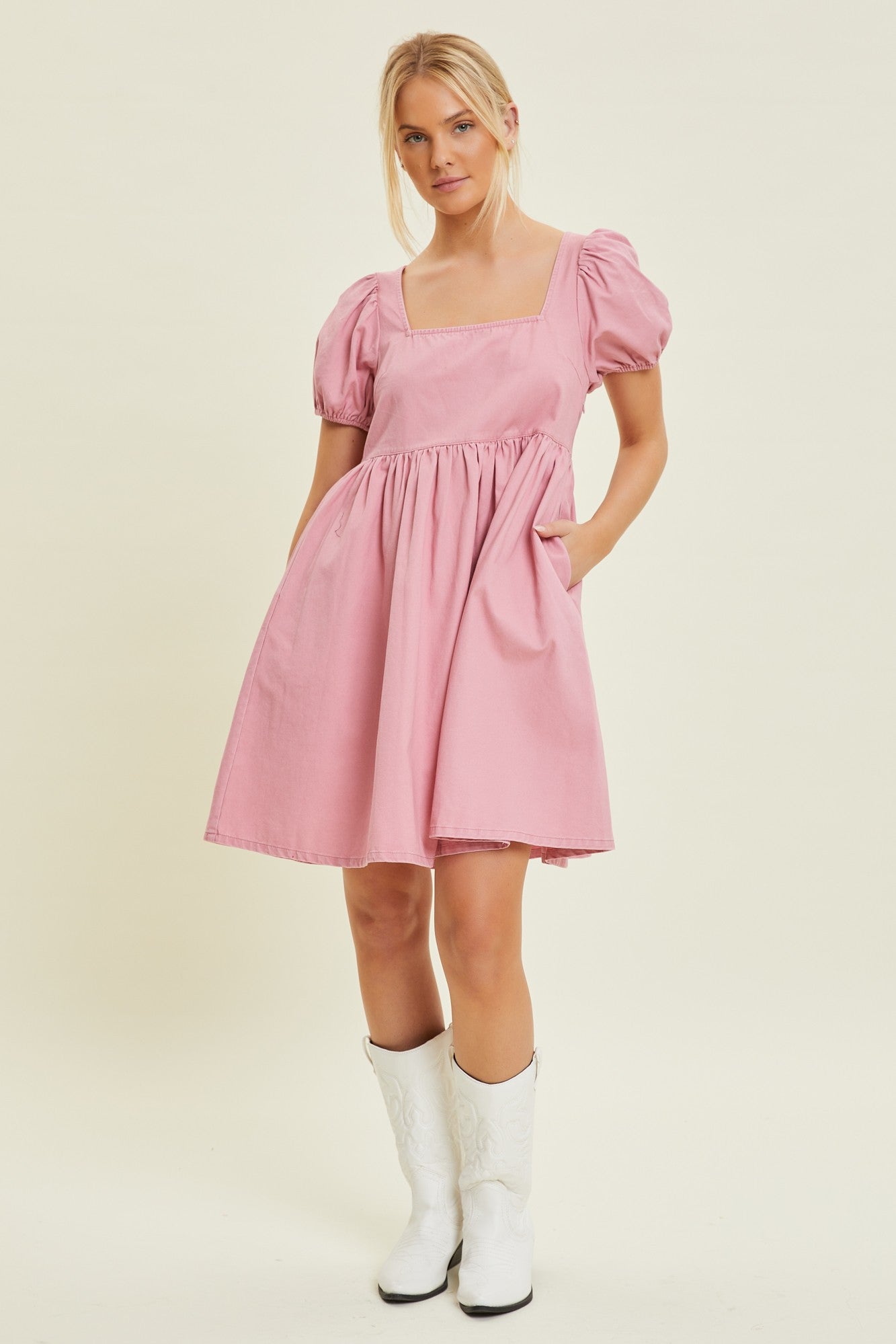 Mauve Puff Sleeve Back Tie Dress