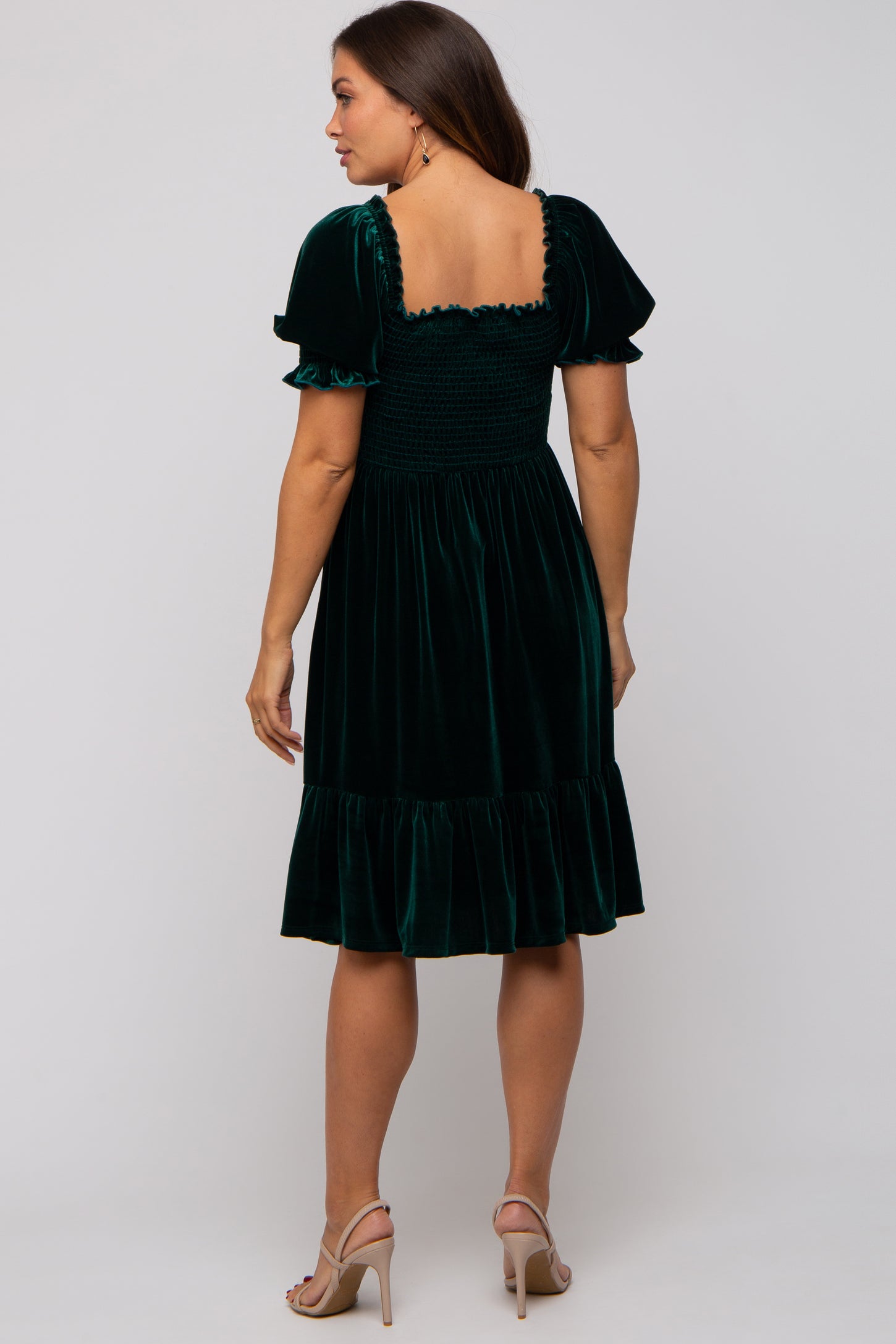 Forest Green Velvet Smocked Puff Sleeve Maternity Dress PinkBlush Forest Green Velvet Smocked Puff Sleeve Maternity Dress PinkBlush
