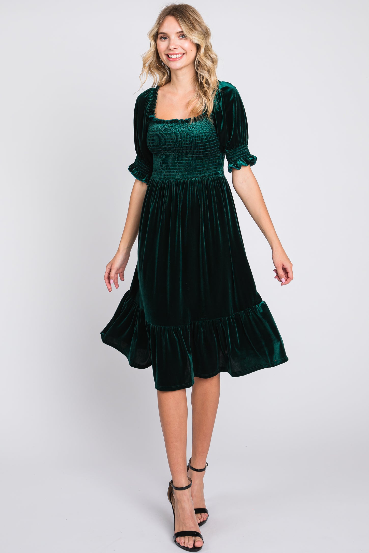 Forest Green Velvet Smocked Puff Sleeve Dress Forest Green Velvet Smocked Puff Sleeve Dress
